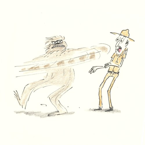 A cartoon illustration of Big Foot about to hit a very surprised Park Ranger with the back of his hand.