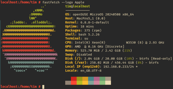 A screenshot of a terminal. I've run the command 'FastFetch' which displays the Apple logo, along with some system information. The pertinent points are listed in a reply to this toot.