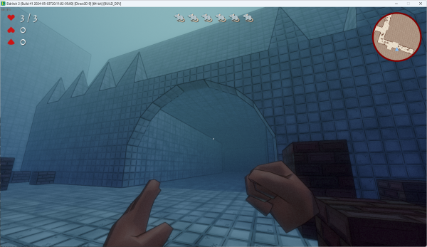 WIP screenshot of Eldritch 2: the player faces the entrance to a dungeon.