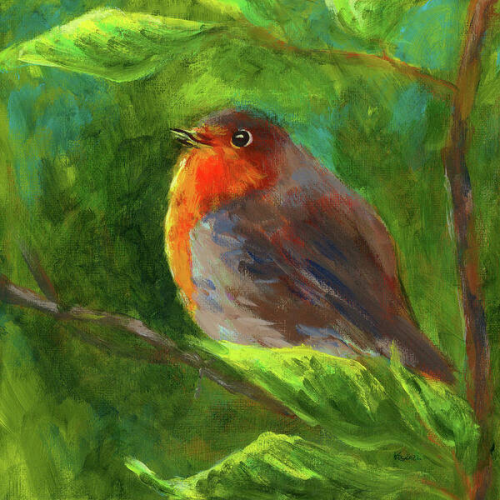 Robin bird in an elder bush is an acrylic painting in contemporary square format painted by artist Karen Kaspar. A cute redbreast European Robin - Erithacus rubecula - sits on a branch in an elder bush and sings a beautiful song for you. It is surrounded by the fresh green foliage of the bush. The orange-red breast of the songbird shines out from the different shades of green in the background.
With its song, the bird enchants the bird lover and the gardener in the spring and summer garden.