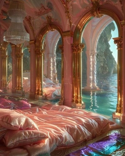 Pink marble and baroque styling on the ceiling, and on the arches at the end of the bed, that lead to a small cove.