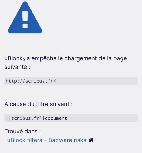 capture d'écran de l'avertissement de uBlock Origin.
uBlock filtres - Badware risks.