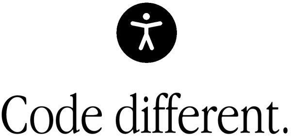 The accessibility logo, a person within a circle with the text "Code different" under it.