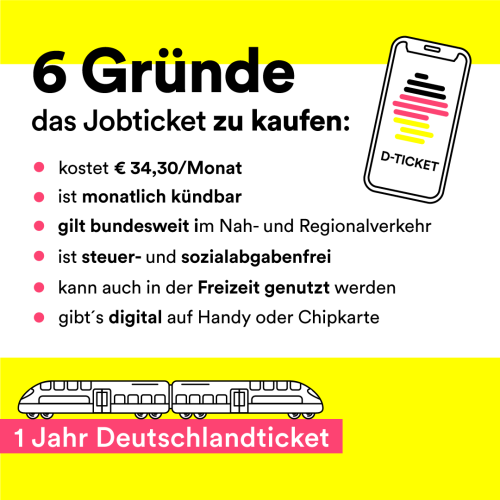 Auf der Grafik steht folgender Text als Aufzählung: Sechs Gründe das Jobticket zu kaufen: kostet 34,30 Euro pro Monat, ist monatlich kündbar, gilt bundesweit im Nah- und Regionalverkehr, ist steuer- und sozialabgabenfrei, kann auch in der Freizeit genutzt werden, gibt's digital auf Handy oder Chipkarte. Daneben ist ein Smartphone abgebildet mit dem Logo des Deutschlandtickets, einer Deutschlandkarte und darunter steht: D-Ticket. Ganz unten auf der Grafik steht: 1 Jahr Deutschlandticket, darüber fährt ein Zug. 