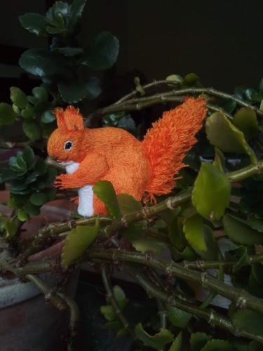 A small, plump red squirrel with a very bushy tail is perched between the branches of green pot plant.