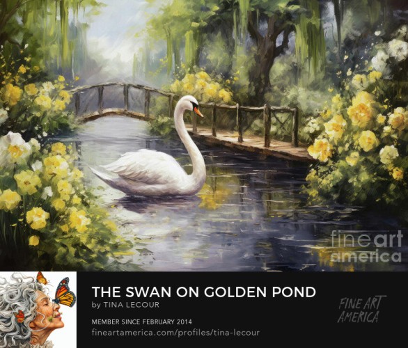 This is painting of a beautiful swan on a pond with a wooden foot bridge in the background surrounded by yellow rose bushes.