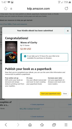 a screenshot that says T.F. Burke's book, Waves of Clarity is being reviewed and available for sale on Amazon