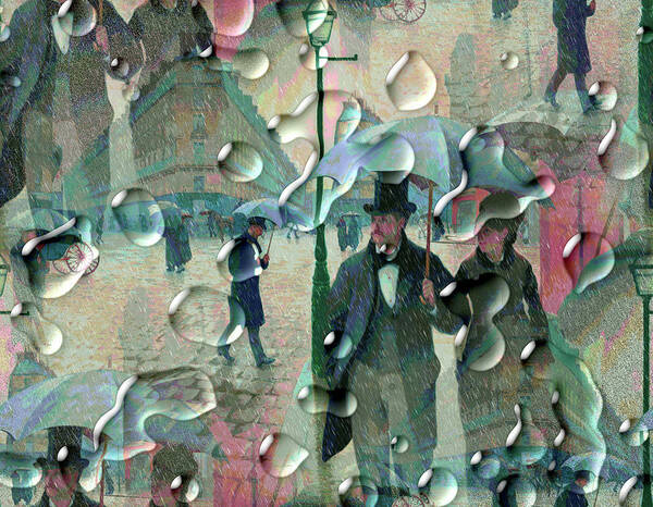 An imaginative remix of a classic artwork from the public domain of a rainy day in Paris. I stacked digital effects to give it a surrealist feeling of infinite reflections and added raindrops as seen through a glass pane window. I also dulled the colors to enhance the feeling of a stormy day. The scene is everyday life in the 18th century big city of Paris, France with people walking on the streets carrying umbrellas and going about their daily business. Men in frock coats and top-hats, ladies in hoop skirts and fancy hats, people riding in horse drawn coaches and crowds of pedestrians going to and fro. The streets are cobblestone pavement and there are hints of elaborate architectural buildings and fancy Victorian era street lamps. The colors are muted shades of blue, pink, beige and greens and I hope the image appeals to history lovers and art collectors as a fresh modern take on a nostalgic scene.