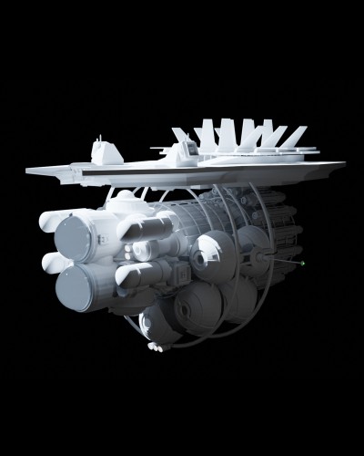 A Blender render of a spaceship. Twin cockpits are stacked on top of each other at the front. A mass of cylinders, spherical tanks, and pods are clustered around the ship. Cooling fins stick up on top.