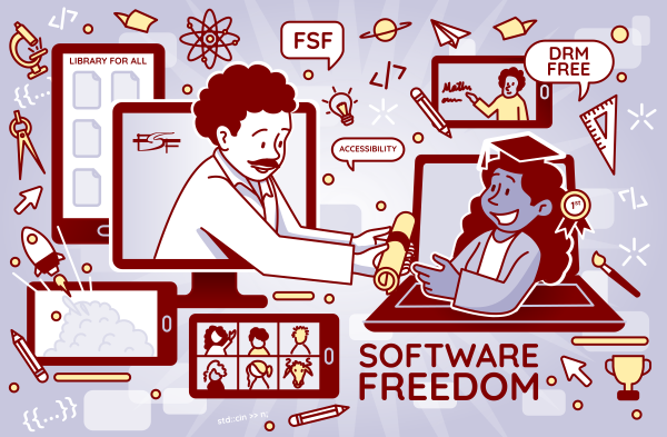 A teacher handing a diploma to a student, both are coming out of computers. Around them there are words and graphics such as "accessibility," "DRM-free," and "software freedom."