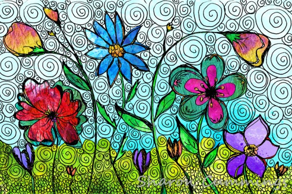 Colorful flowers in a unique hand drawn design by artist Sharon Cummings.