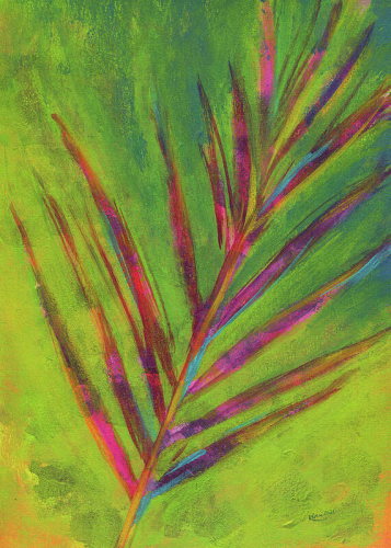 Tropical palm leaf is an abstract acrylic painting in vertical format by artist Karen Kaspar. A single palm leaf in vibrant shades of pink, yellow and teal is painted with loose bold brushstrokes on an abstract background in shades of green.