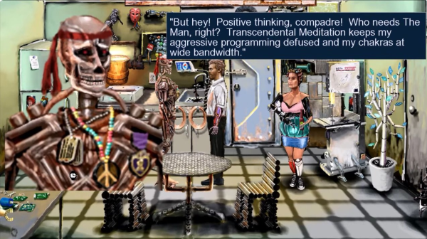 Neofeud 2 screenshot with rusty terminator-looking robot talking about positive thinking and transcendental meditation