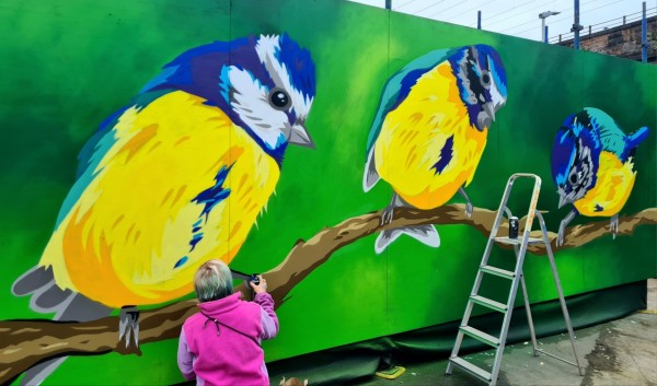 A mural of three blue tits sitting on a branch, with the artist adding some finishinf touhces to it.