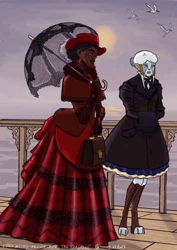 Esther and Erie are enjoying a walking on the pier in a hazy morning, the sun behind barely visible behind the mist. A few arctic terns are flying.

Esther wears a red suit, consisting of a Scottish patterned skirt,  with matching coat, hat, gloves and scarf. She holds her handbag in her left hand and an umbrella in her right one.

Erié seems to wear her maid uniform under a brown coat. Her hands are in a sleeve.

The twos are sharing some confidences.