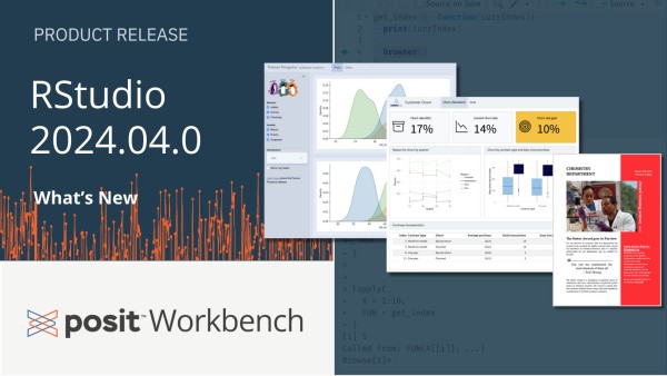 RStudio 2024.04.0 What's New. The Posit Workbench logo. A compilation of Quarto docs including two dashboards and a PDF output from Typst.