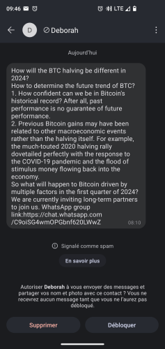Message signal d'une certaine Déborah sur Signal qui fait la promo du bitcoin et de sa chaine whatsapp (attention phishing)