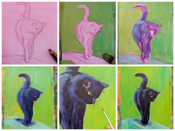 Collage of six images showing the painting process of my cat painting - On the catwalk is a hand-painted acrylic painting in portrait format by artist Karen Kaspar.
A black cat balances on the thin bar of a wooden fence. The elegant pose with its paws placed in front of each other and its tail curved upwards gives the impression that the beautiful animal with its shiny black fur is walking on a catwalk like a model. The cat's yellow-green eyes are directed attentively to the left, conveying a sense of curiosity or concentration.
The background is abstracted in bright lime green and light green shades, suggesting a natural environment such as the foliage of bushes or trees.
The picture is painted with loose and expressive brushstrokes.