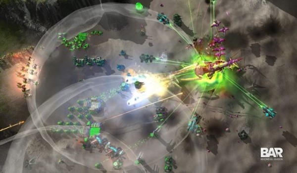 🕶️ A bird's eye view of a multiplayer endgame as Queen Chicken (an alien, in tower defense mode) confronts the 2 allied factions, entering their force field and taking heavy fire from guns, robots and aircraft on all sides 

📚️ Beyond All Reason is a free, multi-platform, single-player / multi-player RTS with a sci-fi theme, simple metal and energy based economy, and classic gameplay (4X for supremacy on). The player starts with a mecha, draws resources, builds his army and faces adversity. A mature game designed by and for gamers, with scenarios, handpicked maps, over 400 different units designed with great care, a new multithreaded path system and OpenGL 4 support allowing the game to be played with over 10000 units at over 100 FPS in 4K, reworked lights, shadows and fog, a lobby client (also mature, for single-player / multi-player, co-op vs other players and/or AIs, scenarios, rating, content loading, ...). Awesome!