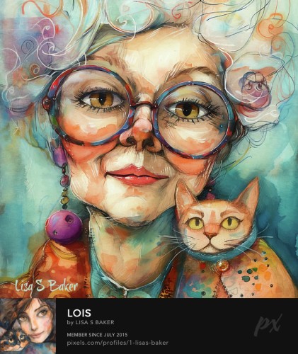 A whimsical portrait features an elderly lady with round, oversized glasses and vibrant curly hair. She shares the frame with an orange cat that peers out from the left side with a focused gaze.
