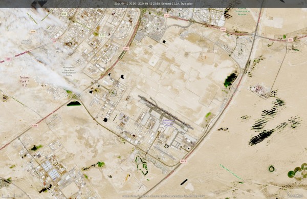 A satellite image of the UAE international airport on April 12. The area is mostly desertic.