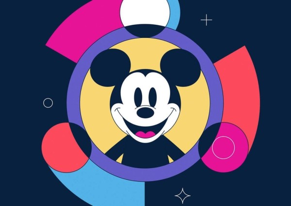An illustration of Mickey Mouse surrounded by geometric elements.