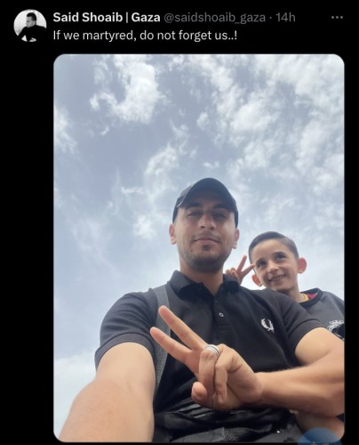 Image of very cute boy and his dad with x post saying don’t forget us if we are martyred. 