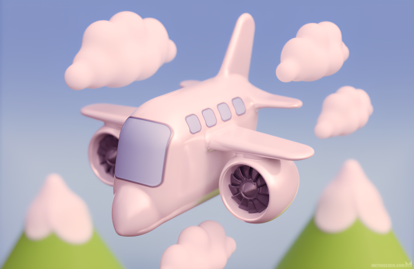 Cute 3D cartoon plane design, flying between fluffy clouds, with chubby mountain tops in the background.