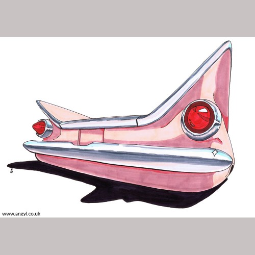 An illustration of a dusky pink 1959 Buick Invicta or Electra, seen from the rear quarter to show off the fins and rocket thruster tail lights.