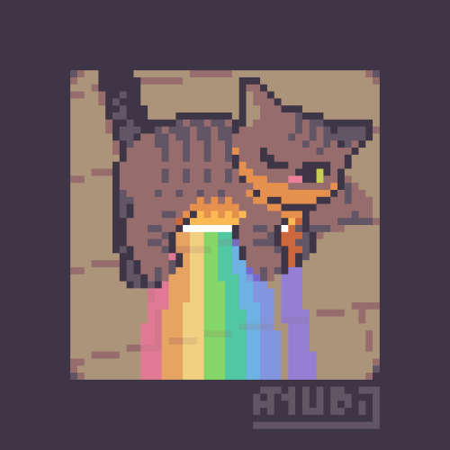 A Pixel Art Redraw of a cat, lying down on the floor from the side. They're staring with one eye below them, at the rainbow that's coming out of their belly.