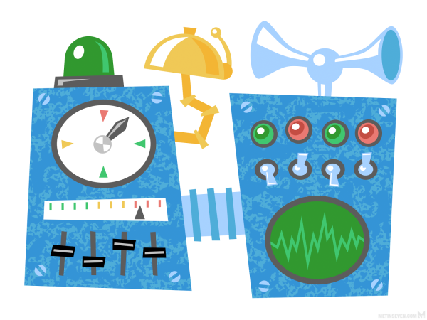Cartoon-style vector illustration, showing a frantic machine with lots of bells and whistles.