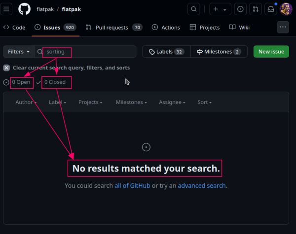 screenshot of Github opened in browser that shows searching the word "sorting" results in zero open and zero closed issues. There is also a large text in the middle that reads "No results matched your search".