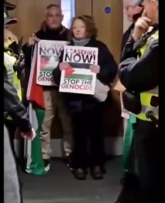 A middle aged lady and gentleman standing in the hall of Sweeney's office.  They are not moving.  They hold placards reading CEASEFIRE NOW!  STOP THE GENOCIDE
They also have a large Palestinian flag with them.  It is being held in the gentleman's hand.  It is not moving.