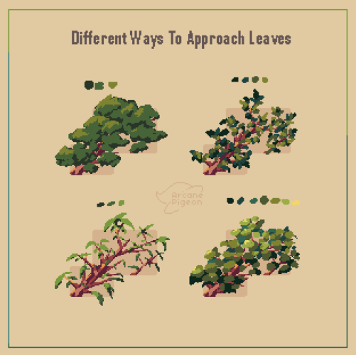 different ways to approach leaves in pixel art