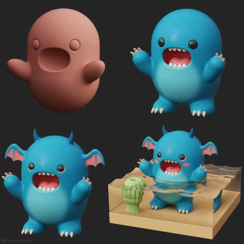 Work in progress stages of a 3D kawaii monster character design inside a shallow sea detail.