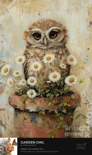 This is a digital painting of an adorable barn owl with big eyes sitting in a clay potted planter with daisy flowers.