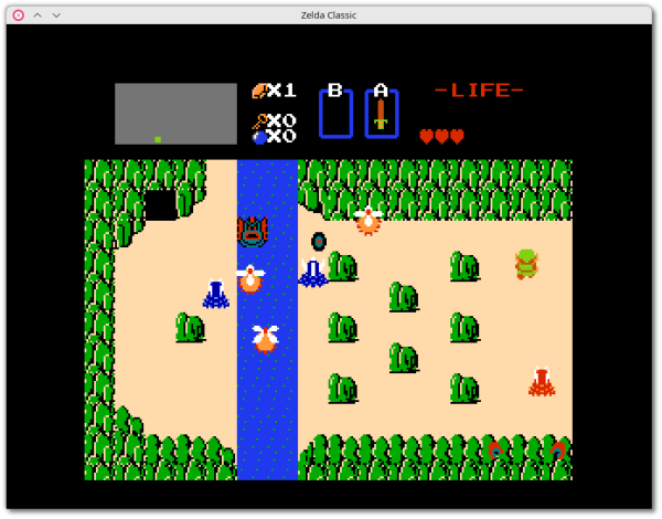 🕶️ The game screen is very small (corresponding to the specifications of the NES, whose display is 256×240 pixels). A bird's-eye view of a Zelda-style game, where Link (the protagonist) is walking along a paved road, approaching a house in the middle of the woods. A mini-map at top left suggests a very large map.

📚️ ZQuest Classic is a libre, multi-platform, mature action-RPG engine, that comes with a clone of the NES version of The Legend of Zelda (1986, Nintendo). It lets you play numerous games (700 quests as of June 2023, mostly Zelda-like) designed by the community, and easily develop them thanks to its comprehensive, intuitive editor, which requires no programming (apart from the optional scripting language for extended functions), and also delivers data sets (traditional/improved). The project has brought together a community that has developed significant content, and its development is sustained.