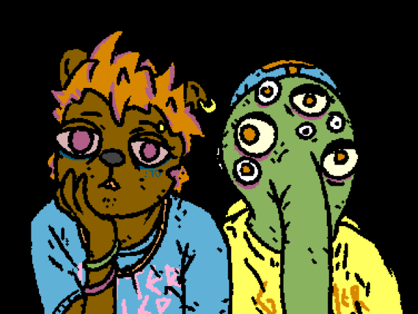 The gopher in what could be called rebellious hair and jewellery, with a pink-on-blue INTERLISP shirt, and the lisp alien in a bandana with a yellow GOPHER shirt.