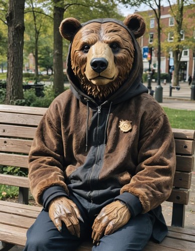 A bear with a hoodie is sitting on a bench. His sweatshirt has a badge on it.