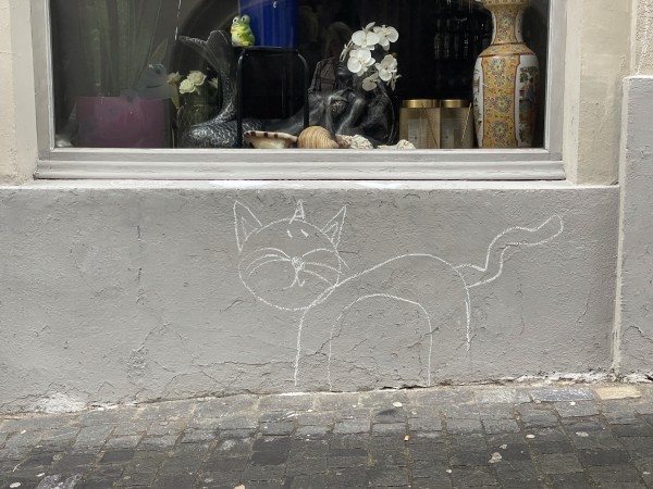 Chalk drawing of a cat on an urban wall with a window displaying decorative items above.