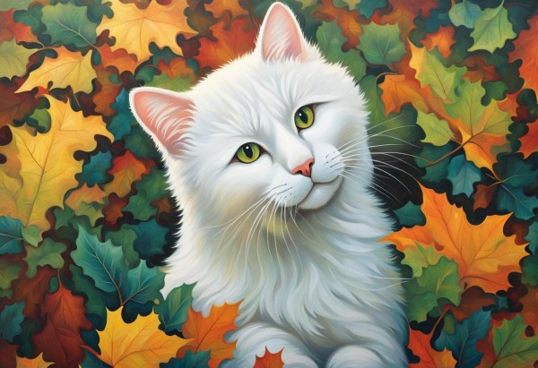 white cat in autumn leaves