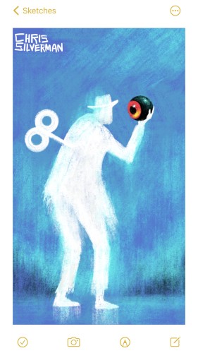 A glowing white figure stands on an icy surface at night, with blurry suggestions of a tree line in the background. The figure appears to be wearing a hat with a brim, and has a clock key sticking out of its back. It is holding up a black eyeball with a bright red iris in front of its face, staring at it. An iridescent green glow hangs in the sky. This is a bluish-indigo drawing.