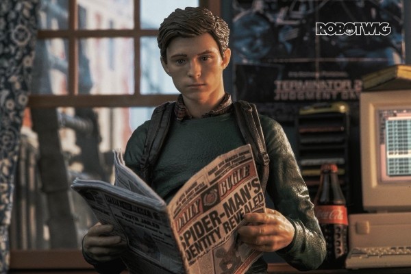 Peter Parker reading a newspaper with the title Spider-Man's Identity Revealed 
