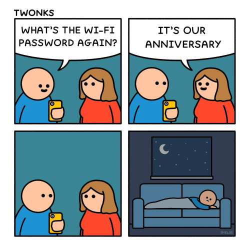 Man: what’s the wifi password again? Woman: it’s our anniversary. Man: looks at women as the wifi password fails. In the end, we see him sleeping on the couch. This indicates that either he forgot the anniversary date or he is upset with such a simple wifi password. 