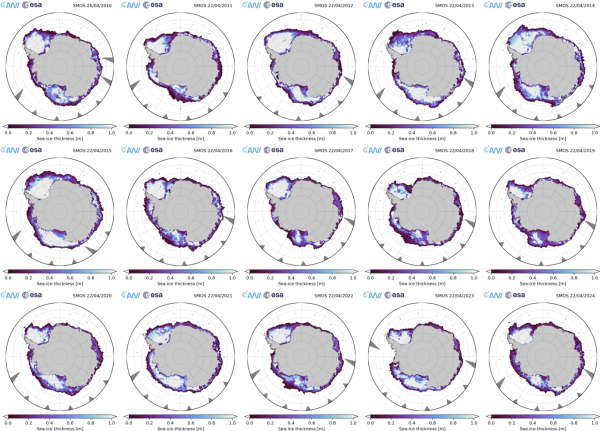15 years of Antarctic sea ice thickness maps.