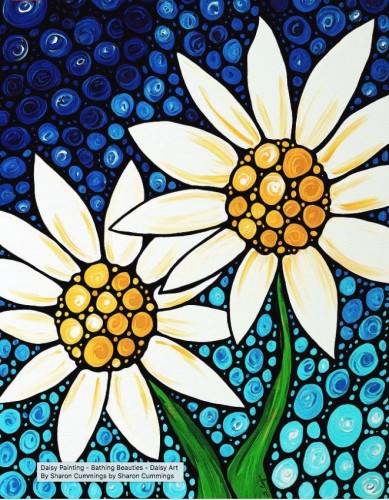 Two white daises with yellow centers and blue sky in a unique mosaic style by artist and poet Sharon Cummings.
