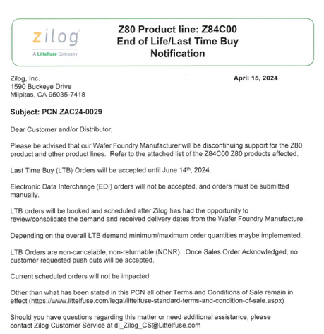 Screen shot showing the End of Live/Last Time Buy Notification from Zilog about the Z80 product line
