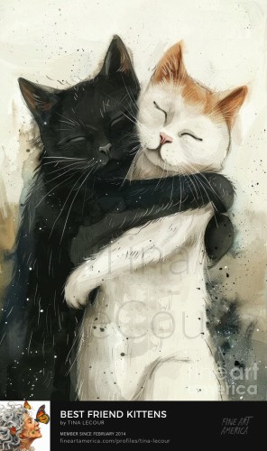 This is a whimsical watercolor of a black and white kitten who are best friends embraced in a big hug full of love!