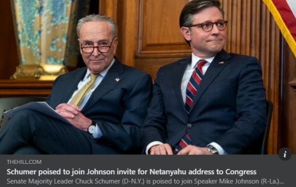 Picture of Senators Chuck Schumer & Mike Johnson sitting in chairs, both endorsers of genocide 