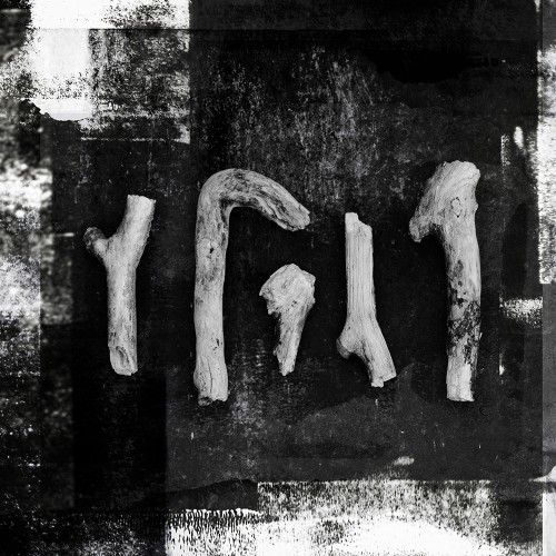 Black and white image of five fragments of sticks, resembling runic characters, on a textured background.